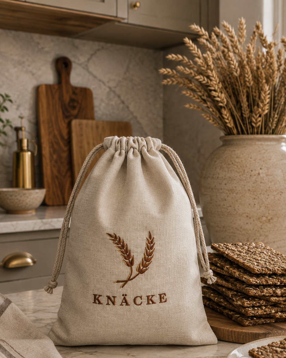 knäckebrödpåse i linne med brodyr