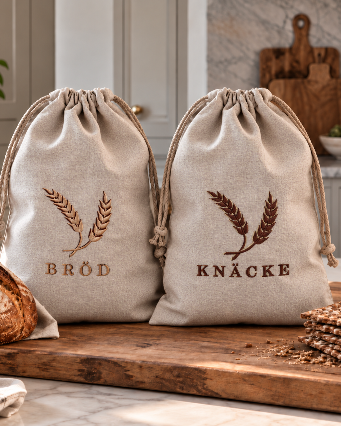 brödpåsar och knäckepåsar i linne