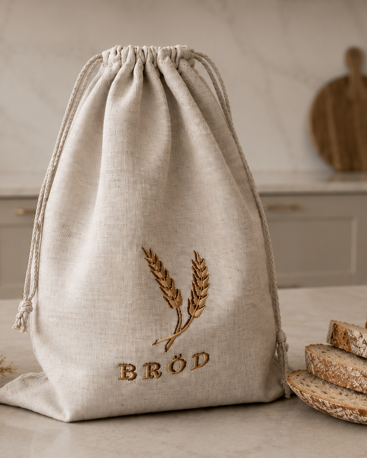 Brödpåse i linne med broderi i ett kök – Bread Bestie