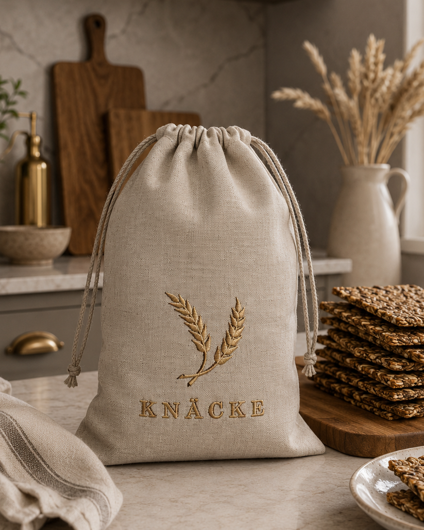 knäckebrödpåse i linne med brodyr
